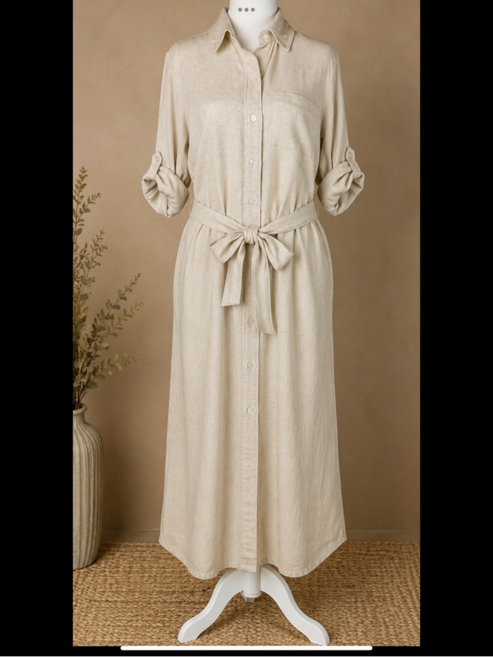 Natural Linen Coastal Maxi Shirtdress Belted Button Front Pockets S/P
